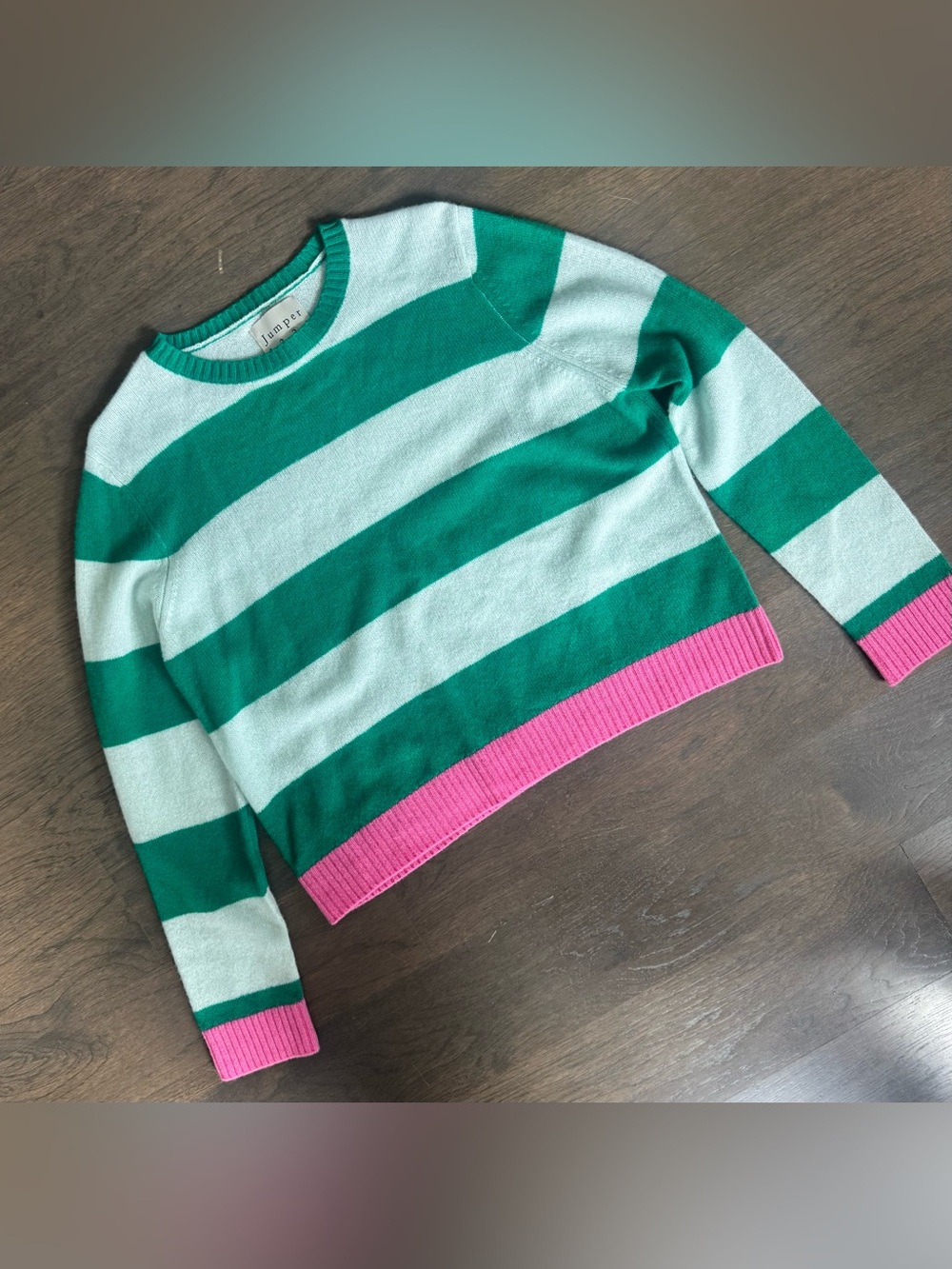 NWOT Jumper 1234 Contrast Stripe Cashmere Crew Neck Sweater Emerald / Azalea